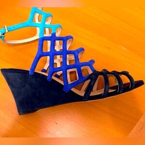 NWOT Vince Camuto Navy Royal Teal  Suede Colorblock Peep Toe Caged Wedges, 9.5